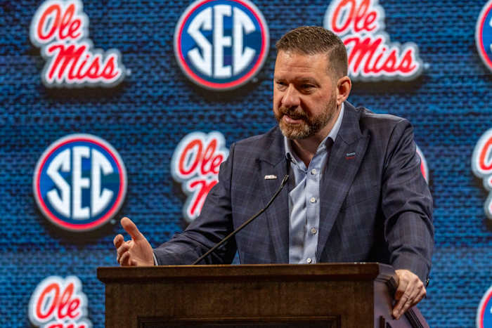 Ole Miss Rebels men's basketball coach Chris Beard speaking during 2023 SEC Media Days.